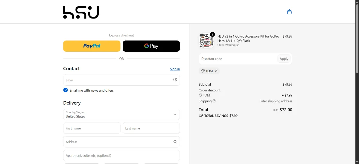 The HSUSHOP checkout, with the discount code box