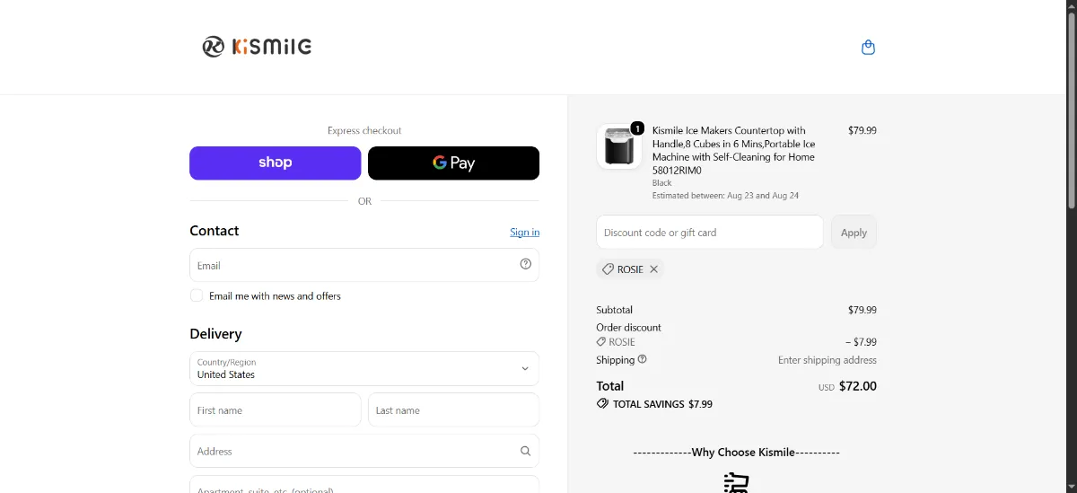 The Kismile checkout, with the discount code box