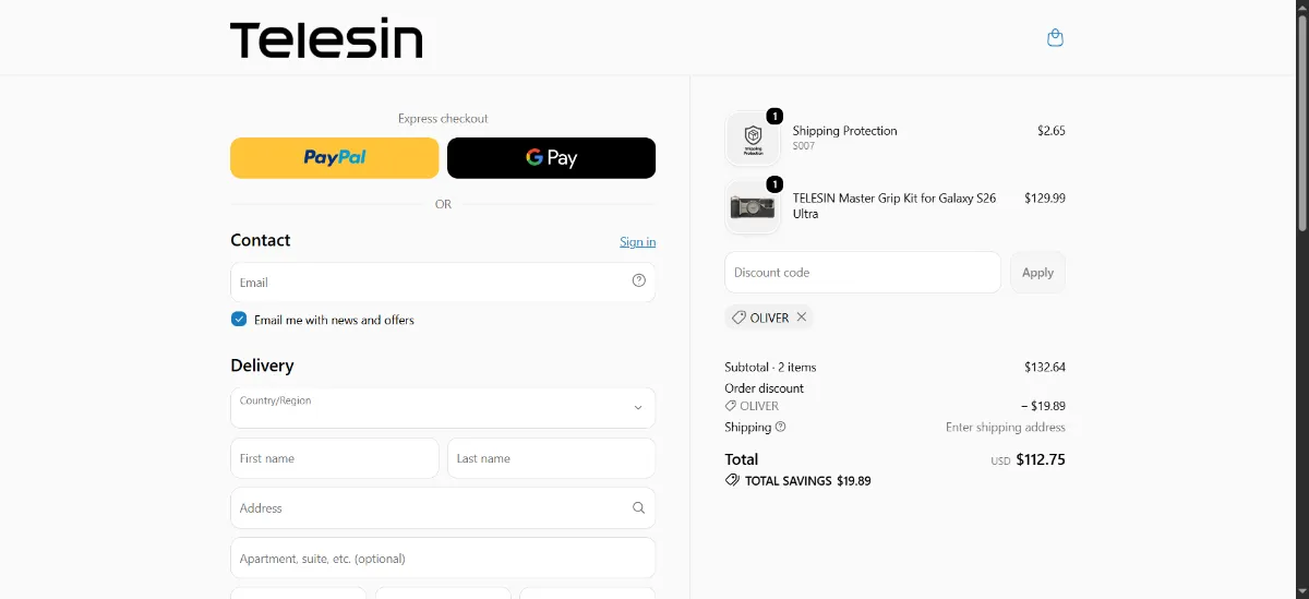 The TELESIN checkout, with the discount code box