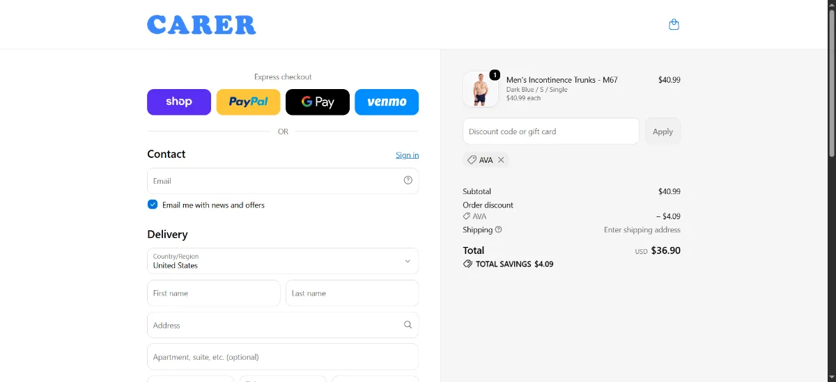 The Carerspk checkout, with the discount code box