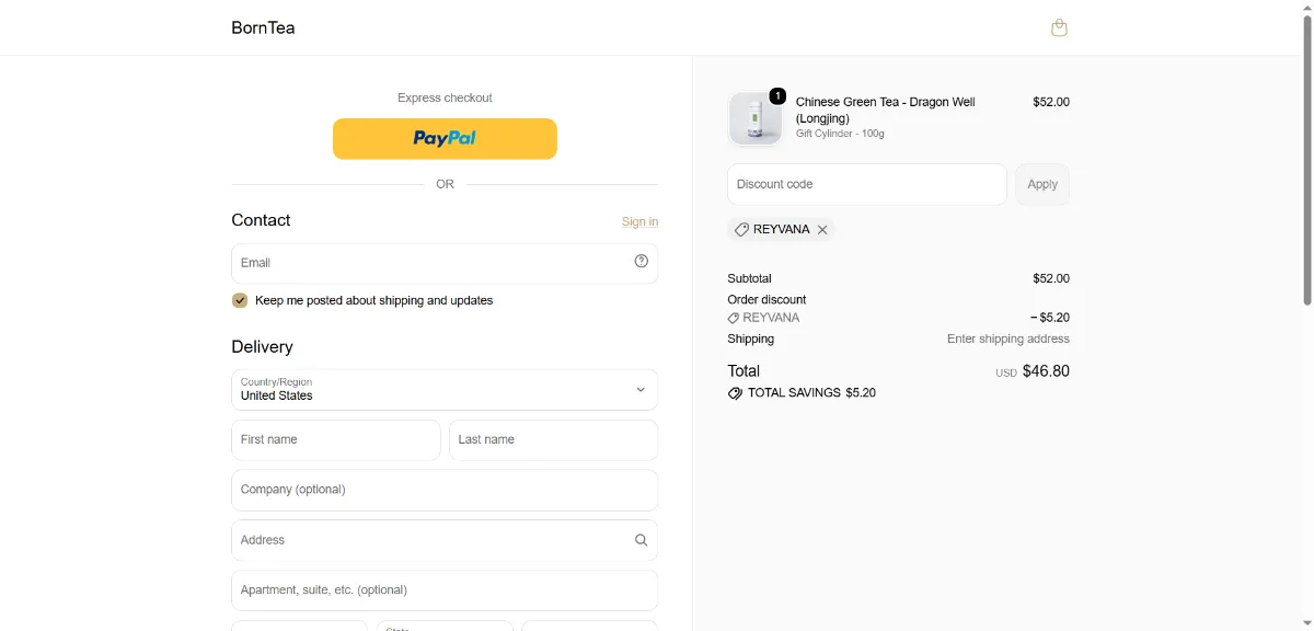 The BornTea checkout, with the discount code box