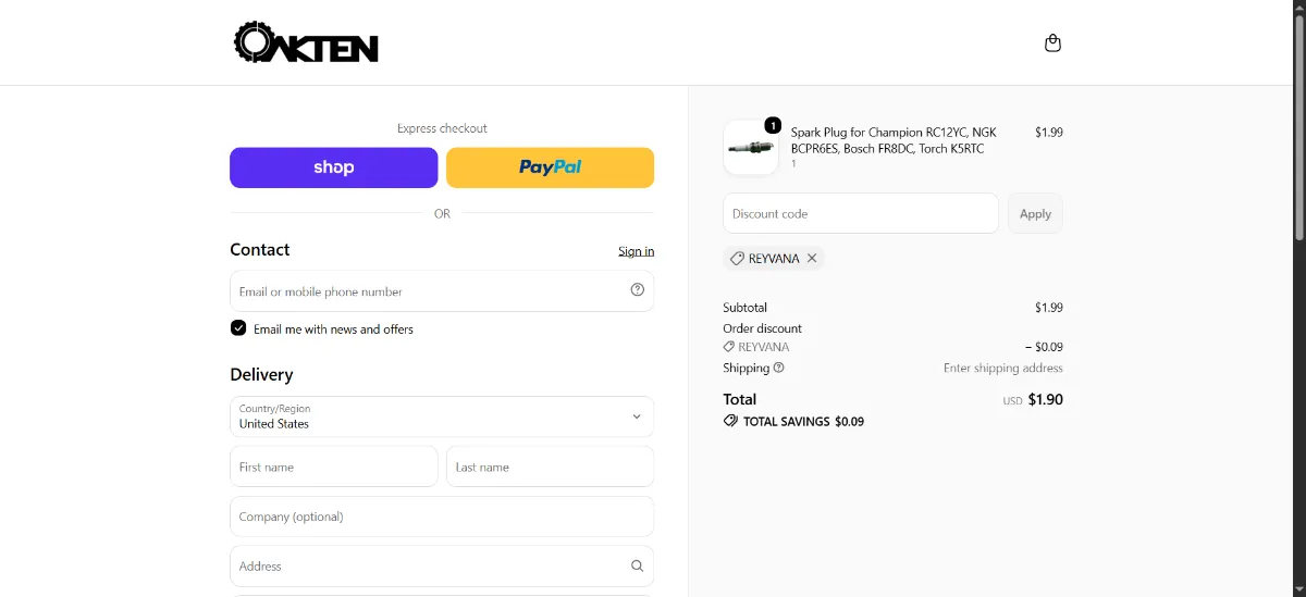 The OakTen Parts checkout, with the discount code box