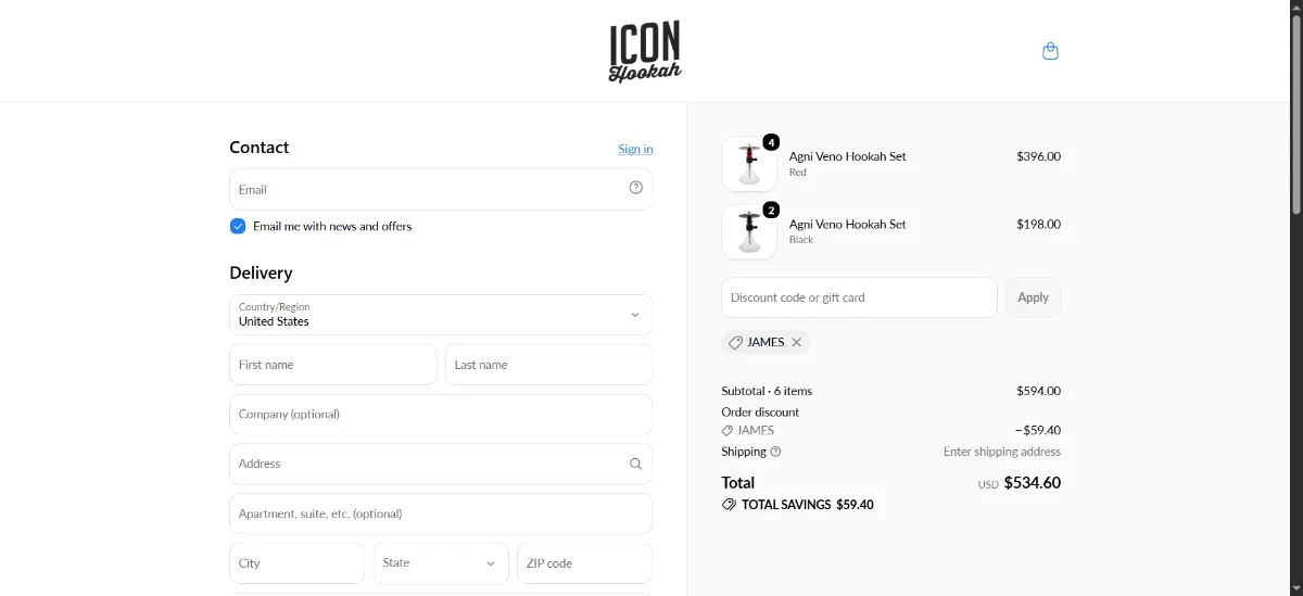 The Icon Hookah checkout, with the discount code box
