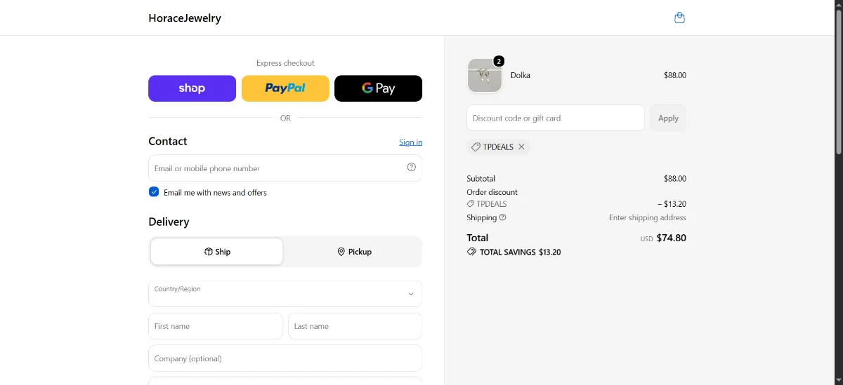 The Horace Jewelry checkout, with the promo code box