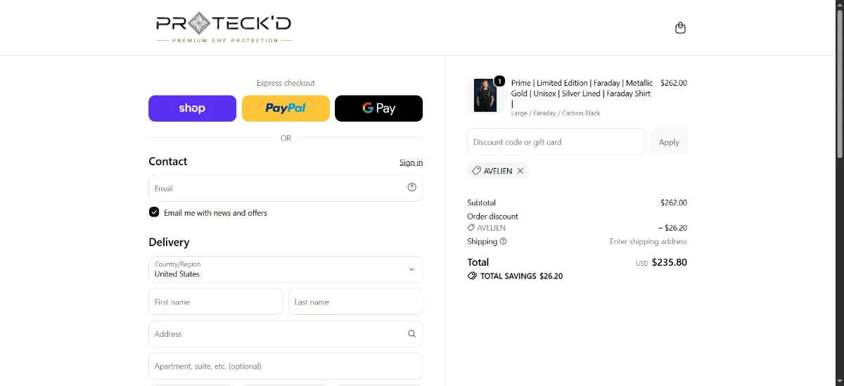 The Proteck'd EMF Apparel checkout, with the discount code box
