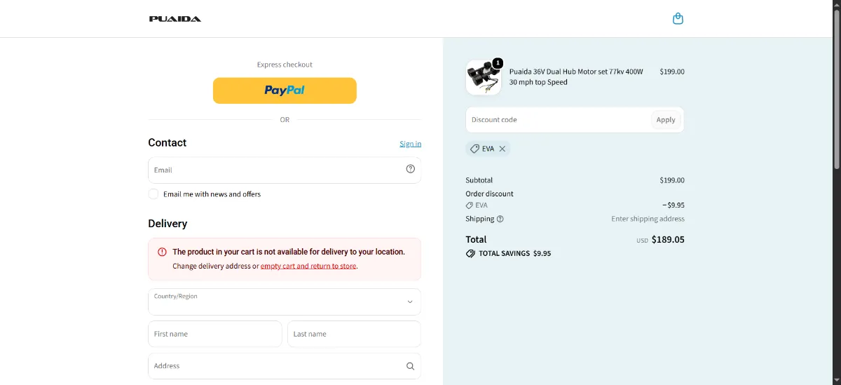 The PUAIDA checkout, with the discount code box