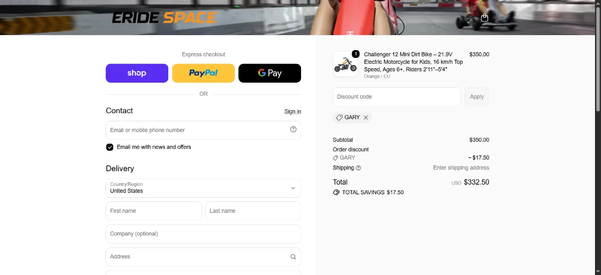 The Eride Space checkout, with the discount code box