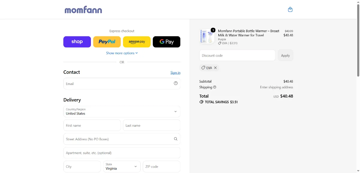 The Momfann checkout, with the discount code box