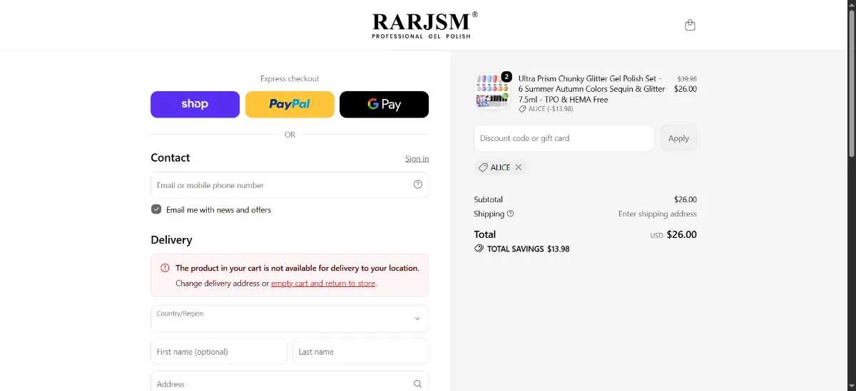 The Rarjsm checkout, with the discount code box