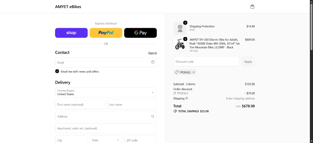The AMYET eBikes checkout, with the discount code box