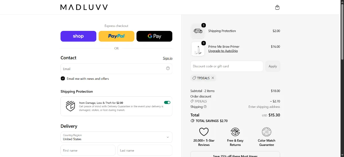 The Madluvv checkout, with the discount code box