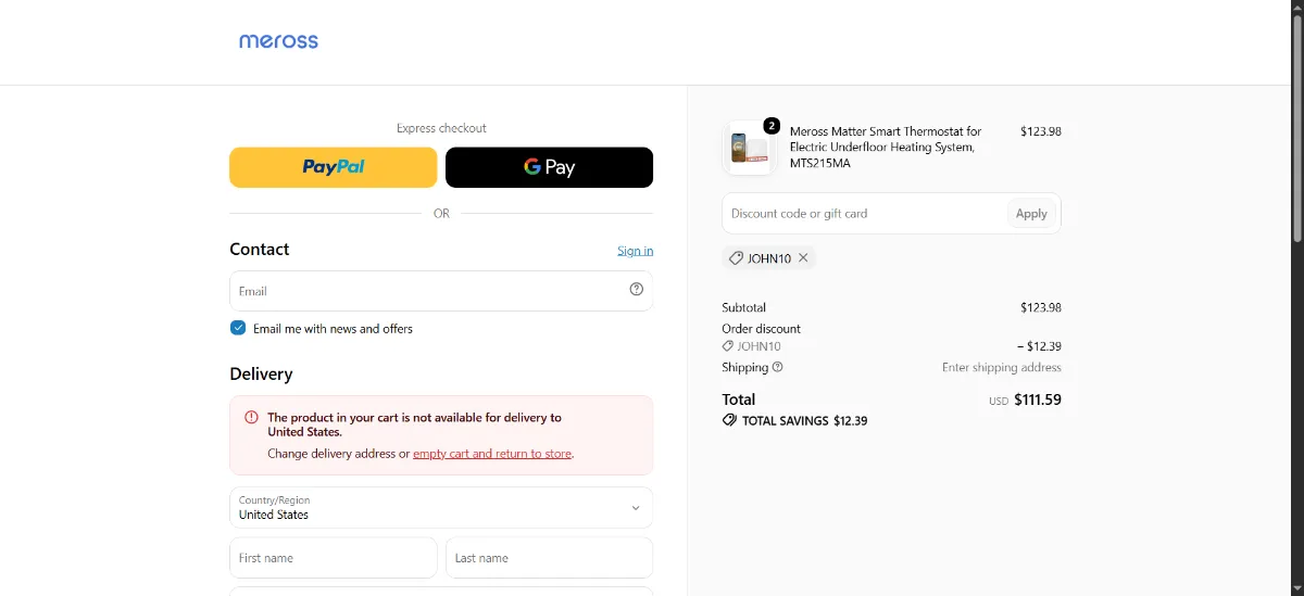 The Meross checkout, with the discount code box