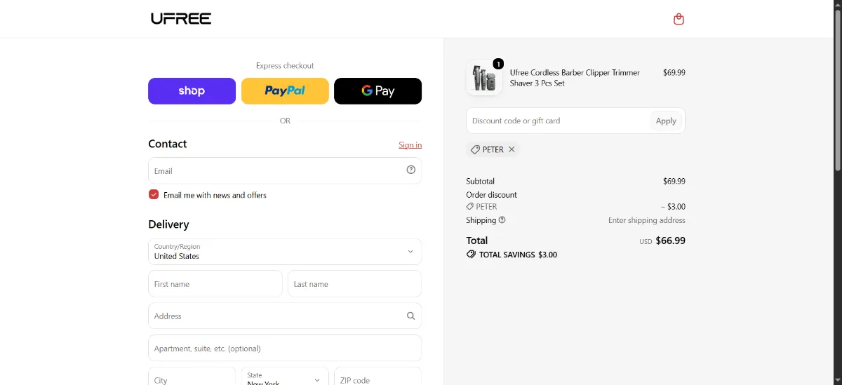The Ufree checkout, with the discount code box
