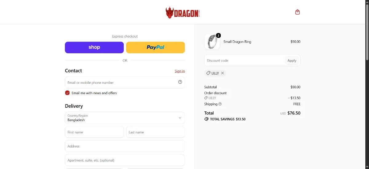 The Autumn Dragon checkout, with the discount code box
