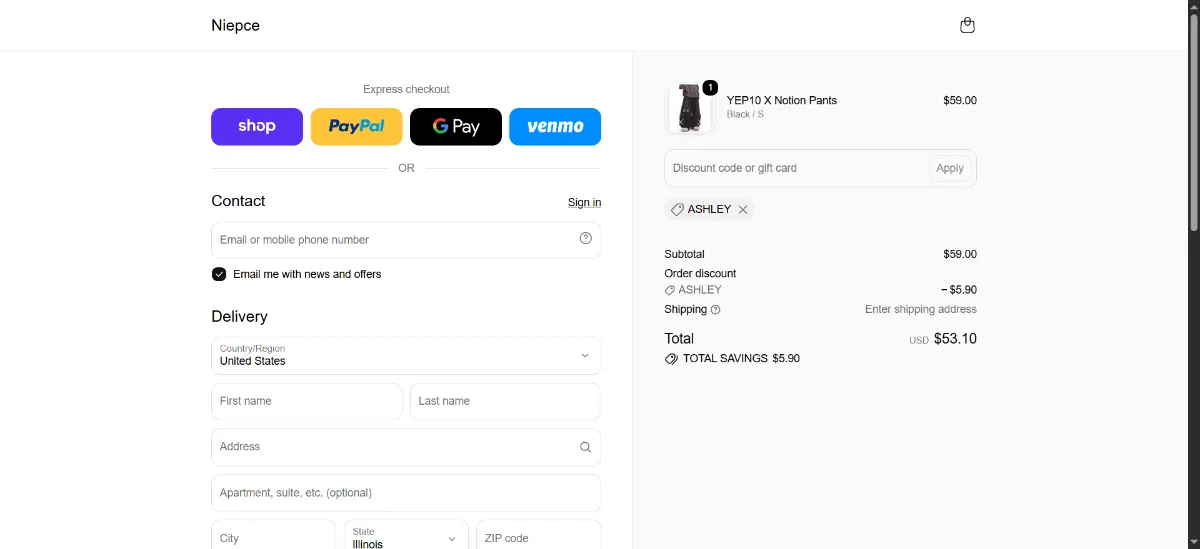 The Niepce Inc checkout, with the discount code box