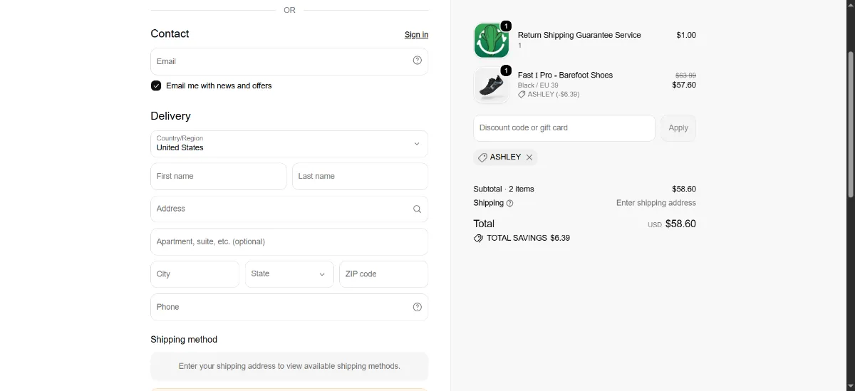 The Saguaro Shoes checkout, with the discount code box