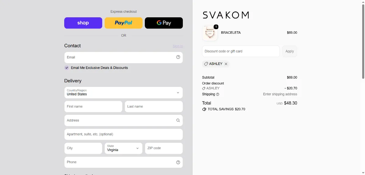 The SVAKOM checkout, with the coupon code box