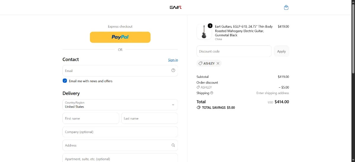 The EART GUITAR checkout, with the discount code box