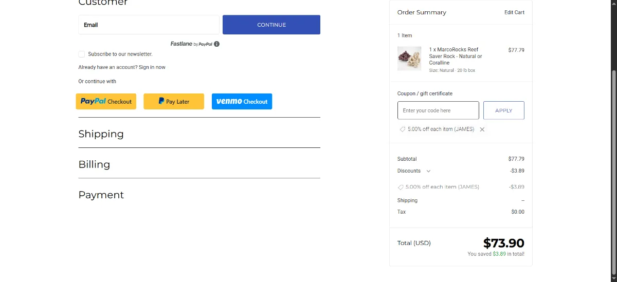 The MarcoRocks checkout, with the discount code box