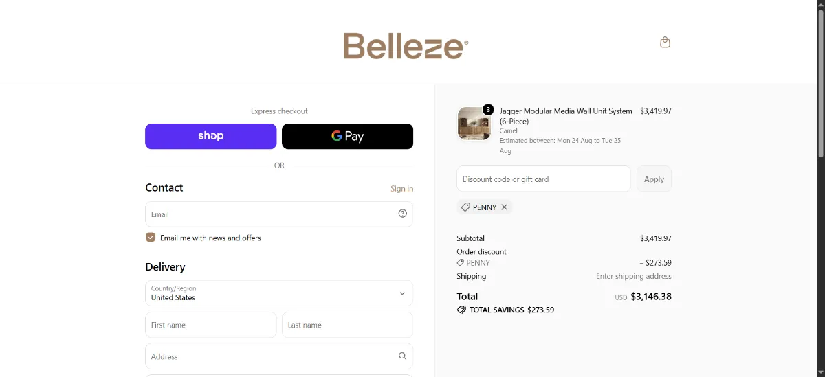 The Belleze checkout, with the discount code box