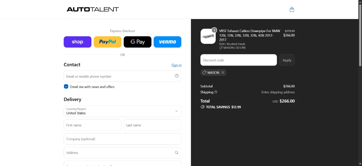 The Auto Talent checkout, with the discount code box
