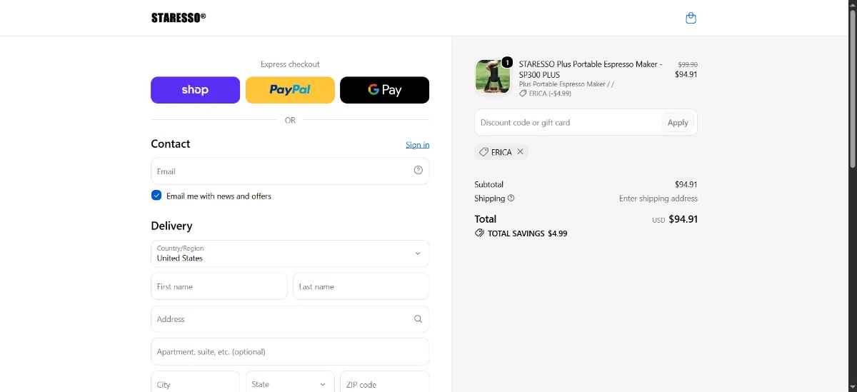 The Staresso checkout, with the discount code box