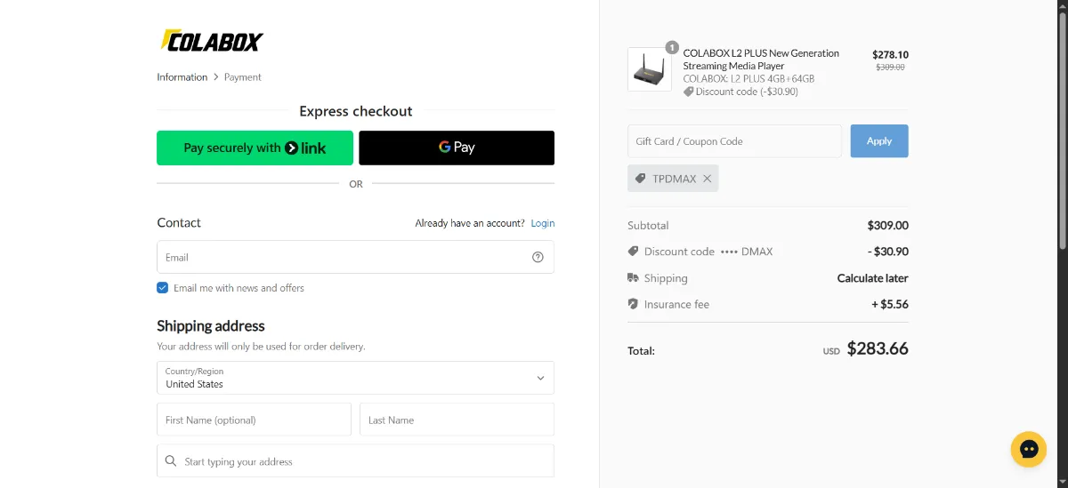 The Colaboxs checkout, with the discount code box