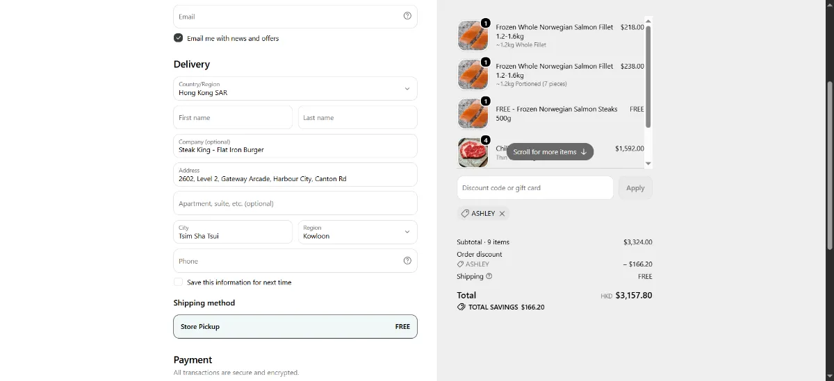 The Steak King checkout, with the discount code box
