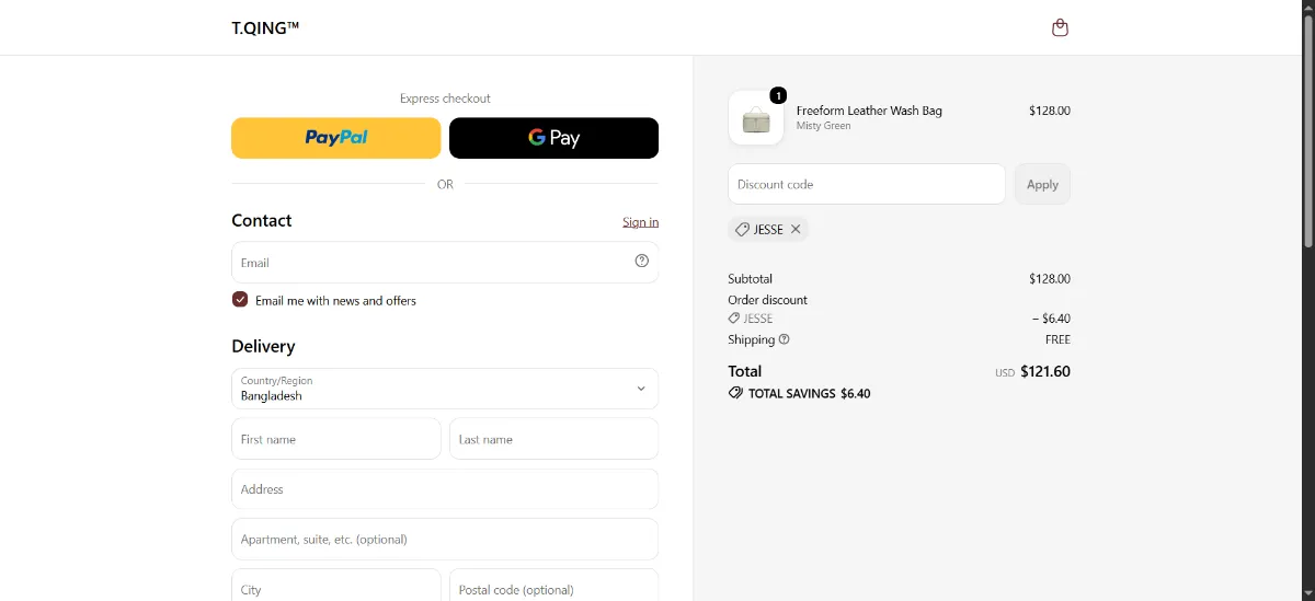 The T.QING checkout, with the discount code box