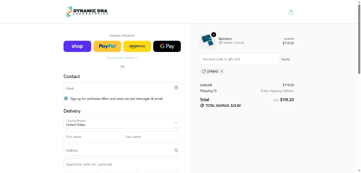 The DynamicDNALabs checkout, with the discount code box