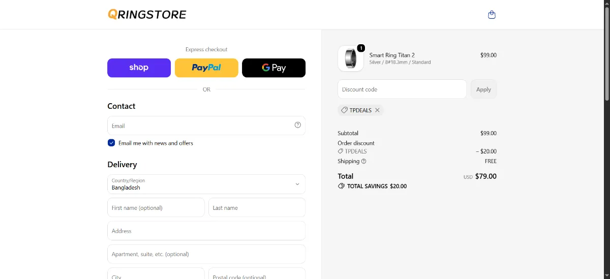 The QRing checkout, with the discount code box