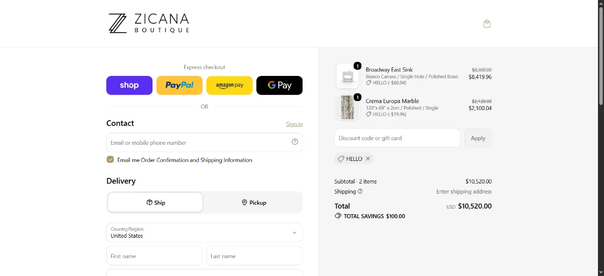 The Zicana Boutique checkout, with the discount code box