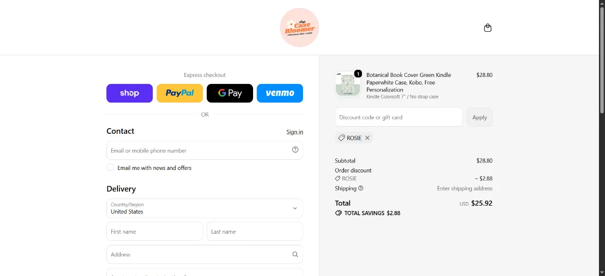 The CaseBloomer checkout, with the discount code box