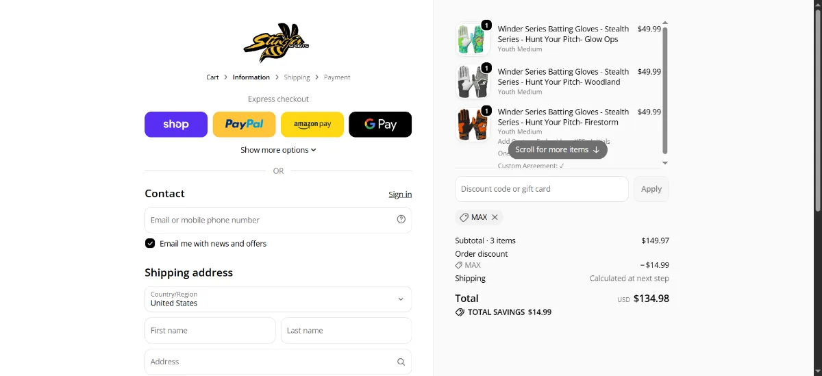 The Stinger Sports checkout, with the discount code box