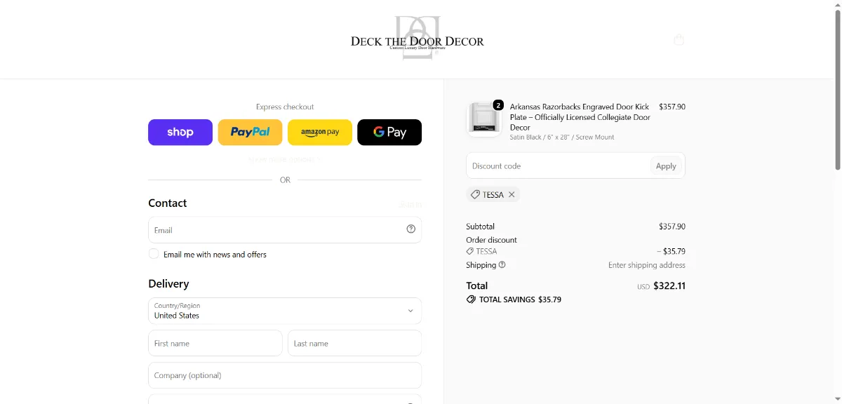 The Deck the Door Decor checkout, with the discount code box
