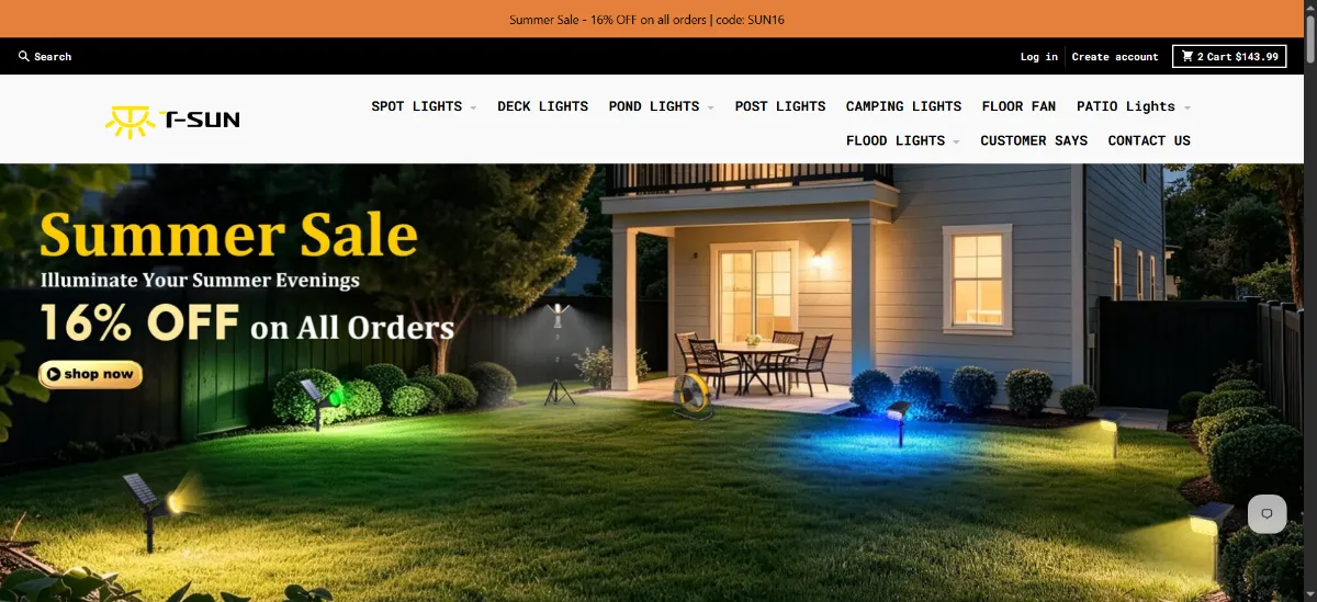 The T SUN Lighting home page