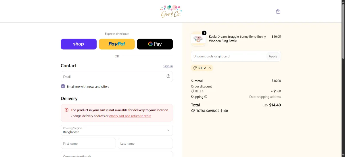The Goo & Co checkout, with the discount code box