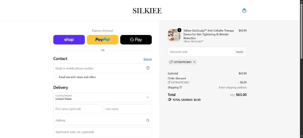 The Silkiee checkout, with the discount code box