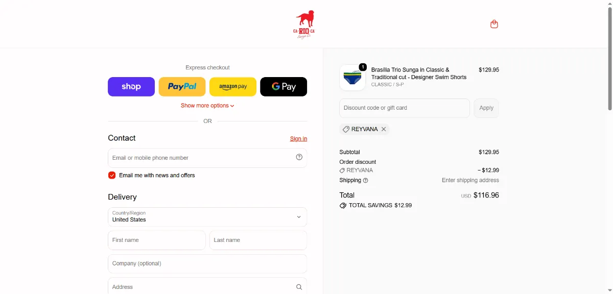 The CA-RIO-CA Sunga checkout, with the discount code box