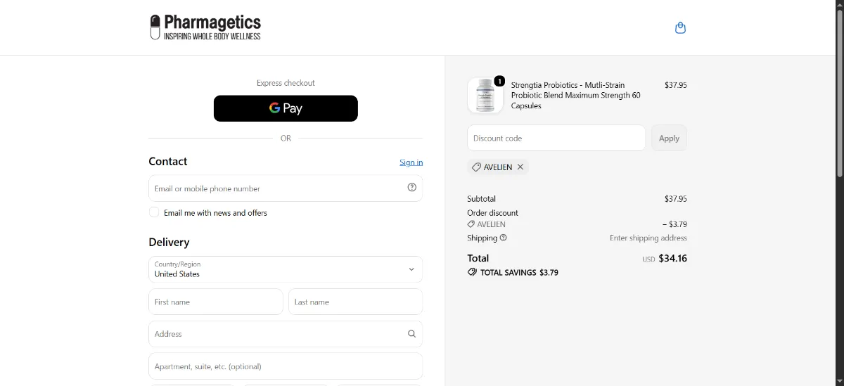 The Pharmagetics checkout, with the discount code box