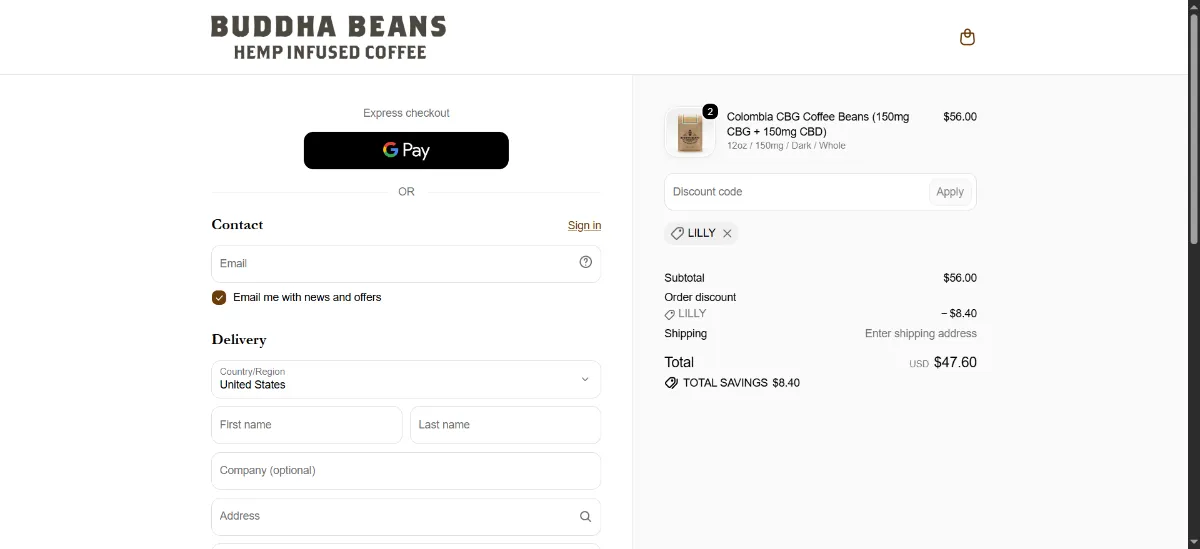 The Buddha Beans Coffee checkout, with the discount code box