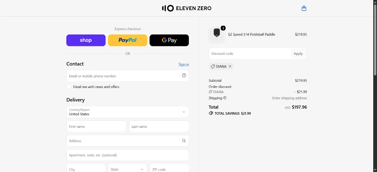 The Eleven Zero checkout, with the discount code box