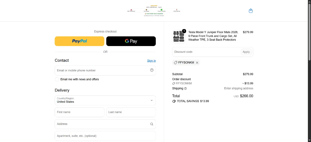 The SUPER LINER checkout, with the discount code box