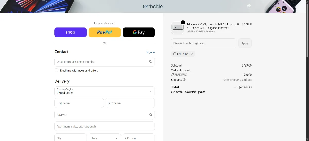The Techable checkout, with the discount code box