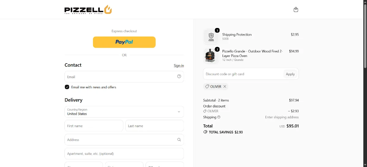The Pizzello checkout, with the discount code box