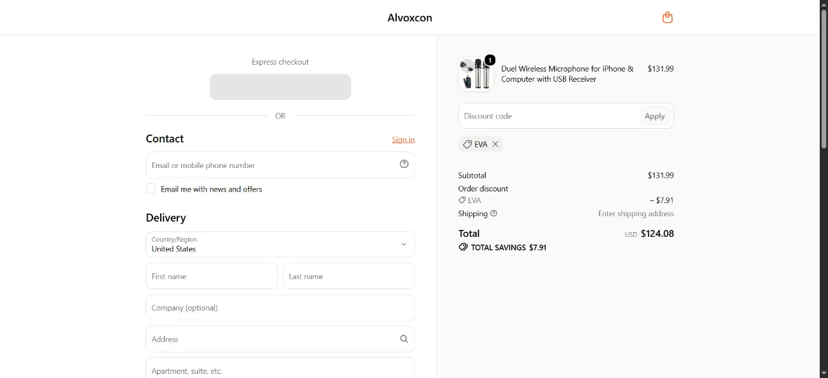 The Alvoxcon Audio checkout, with the discount code box