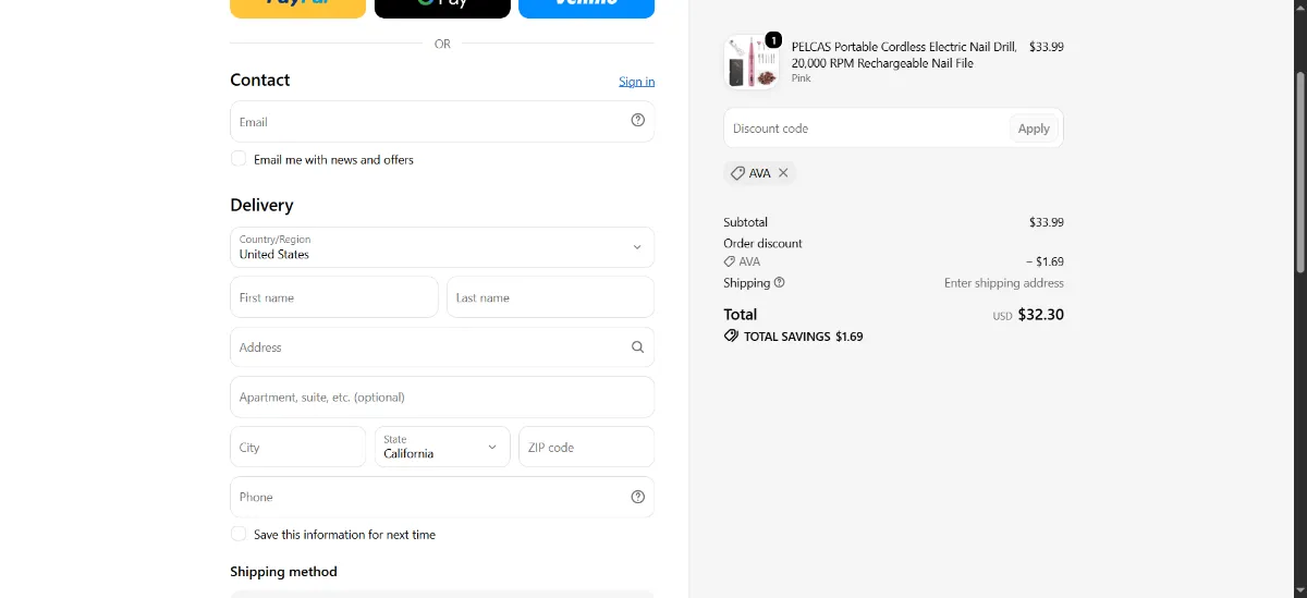 The Pelcas checkout, with the discount code box