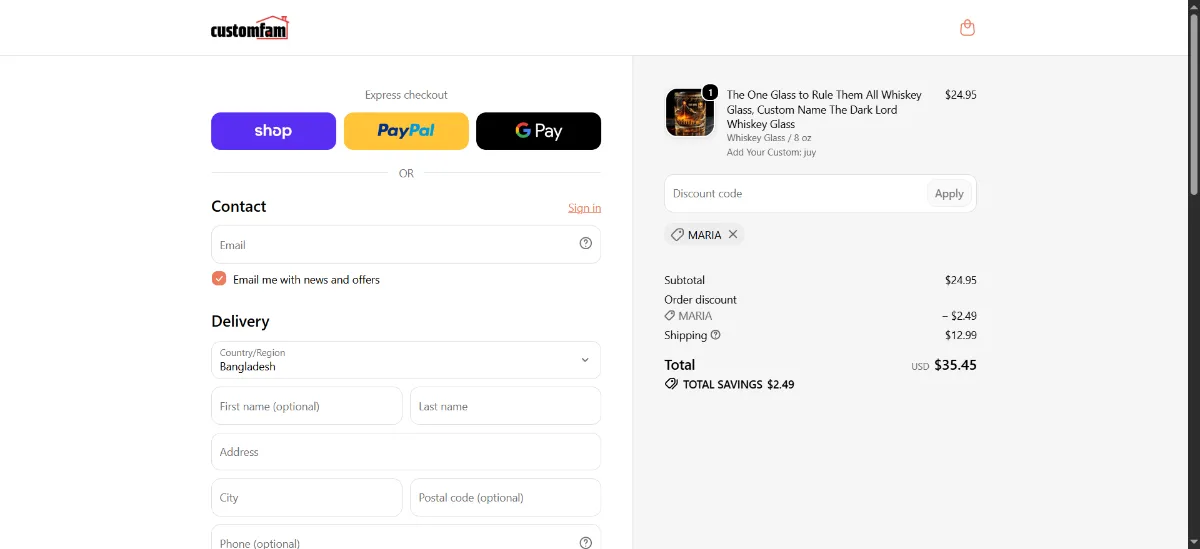 The CustomFam checkout, with the discount code box
