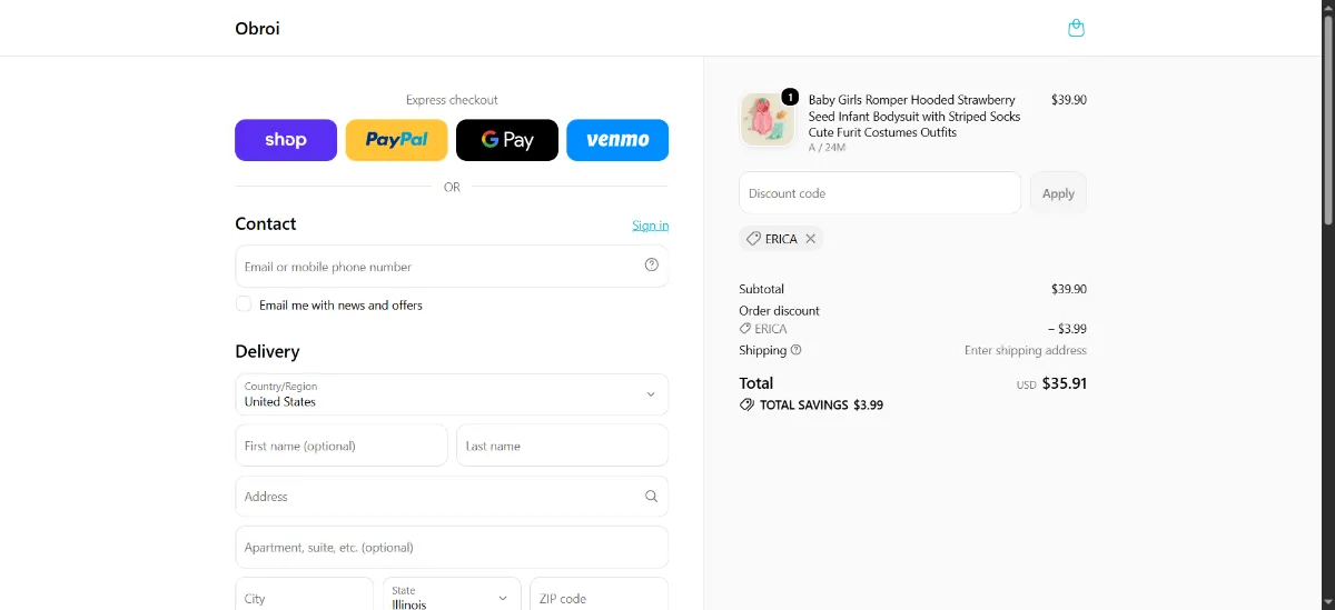 The Obroi checkout, with the discount code box