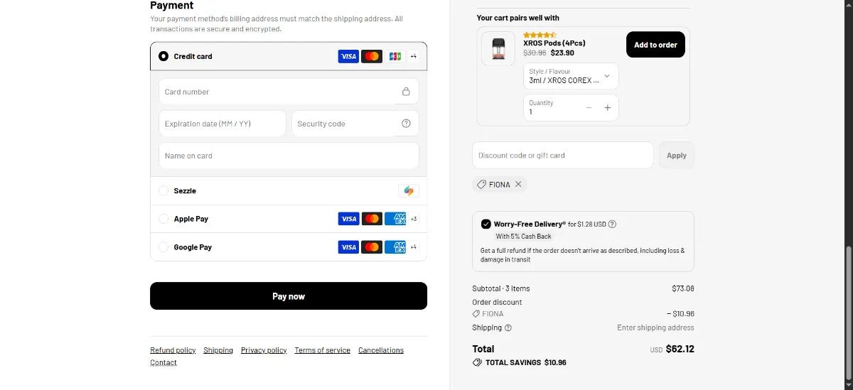 The Vaporesso checkout, with the discount code box